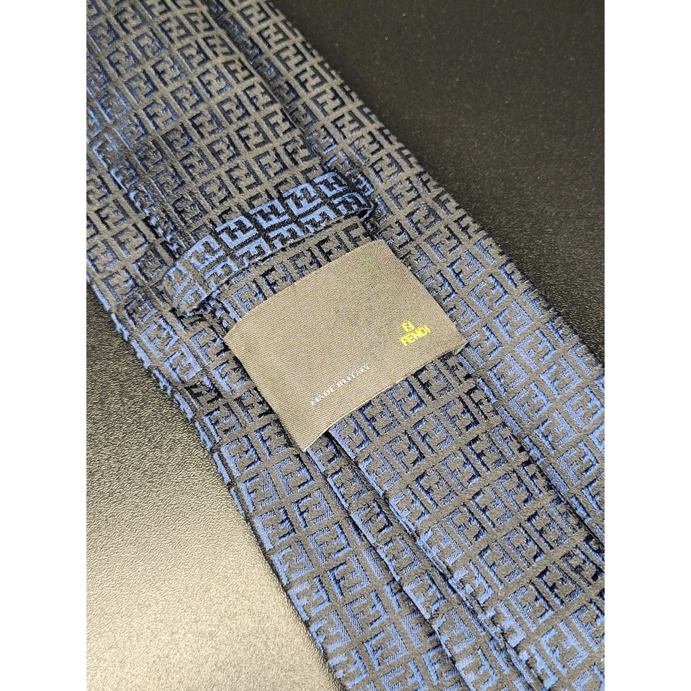 Fendi Silk Necktie Navy Blue Black FF Zucca Monogram Made in Italy